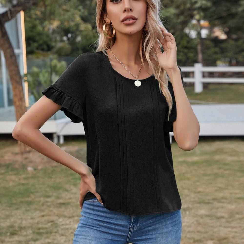 boho ruffle sleeve pleated short sleeve top - Picture 7 of 8